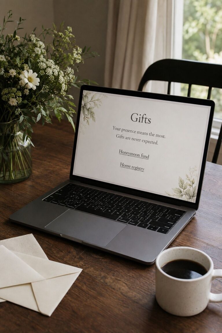 Laptop displaying optional honeymoon fund and home registry links beside wedding flowers and envelopes.
