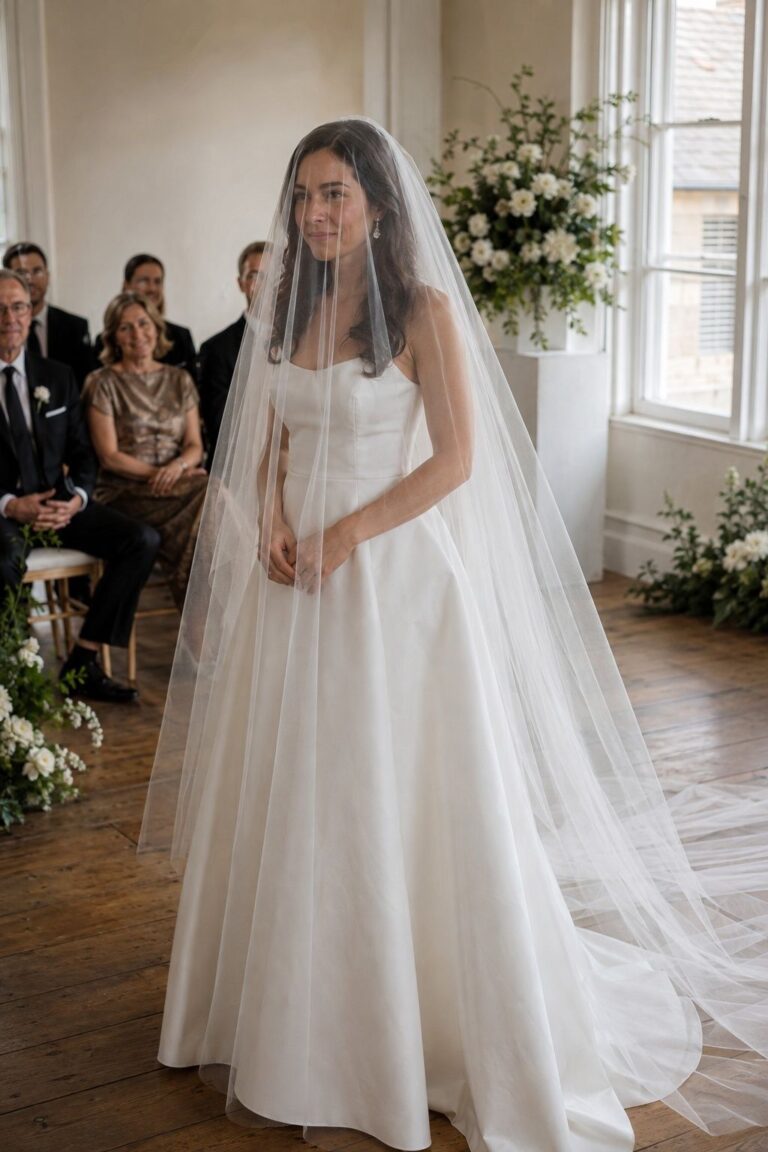 Bride wearing a plain tulle cathedral veil with a sheer face-covering blusher