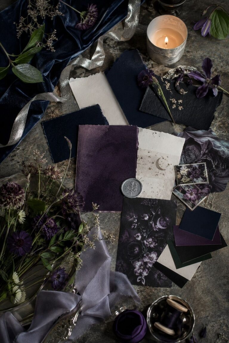 Midnight navy and amethyst color palette for celestial whimsigoth wedding ideas