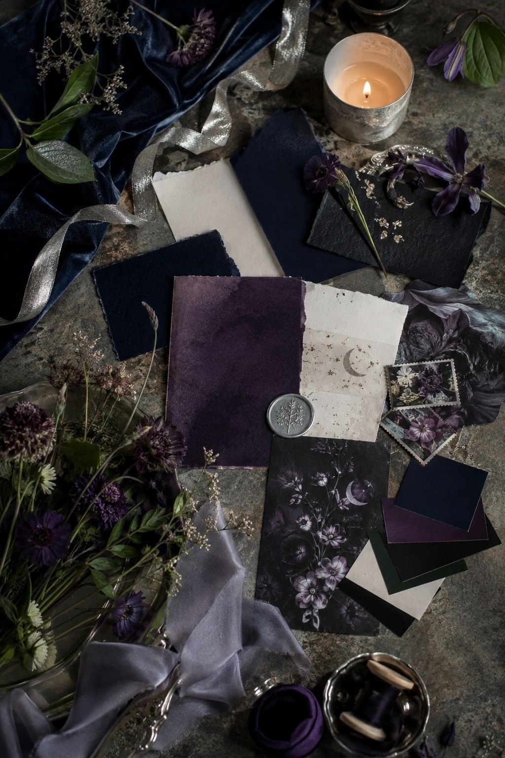 Midnight navy and amethyst celestial wedding palette