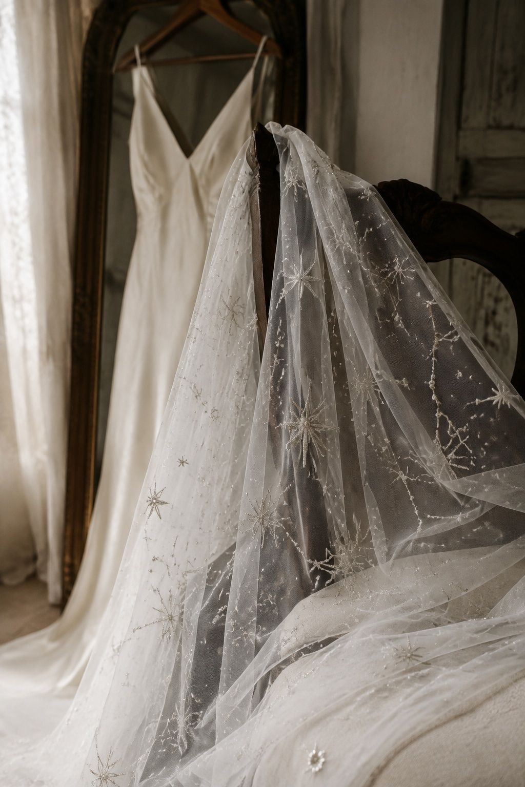Star-embroidered bridal veil or cape