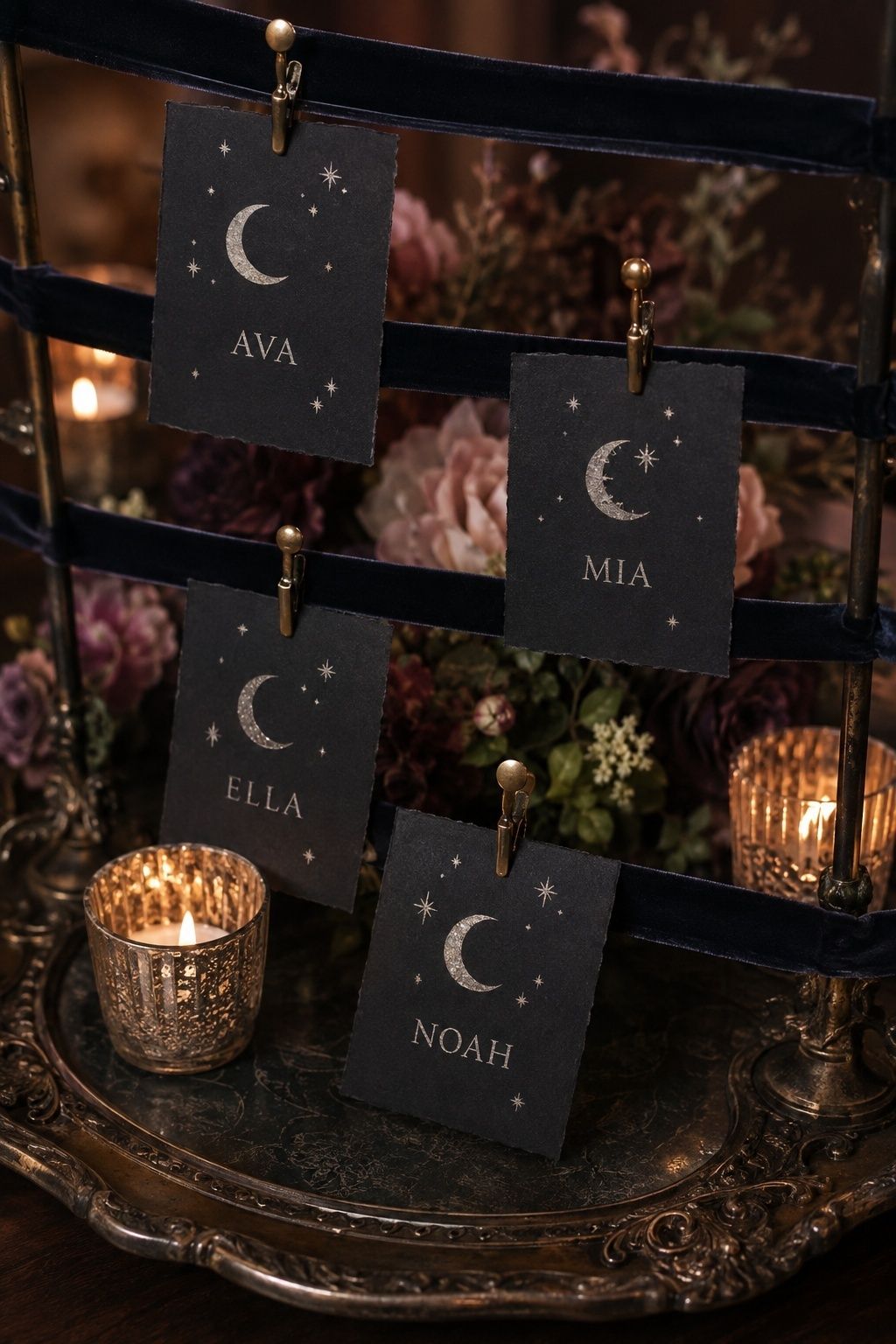 Celestial escort cards with guest names