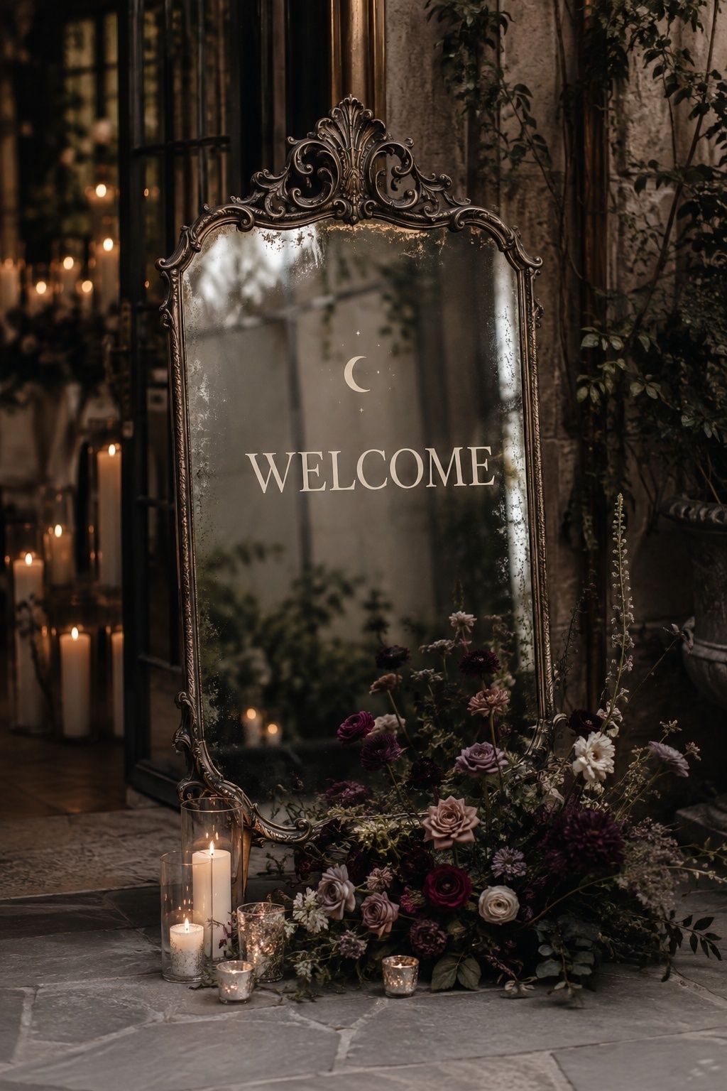Antique mirror used as a wedding welcome sign