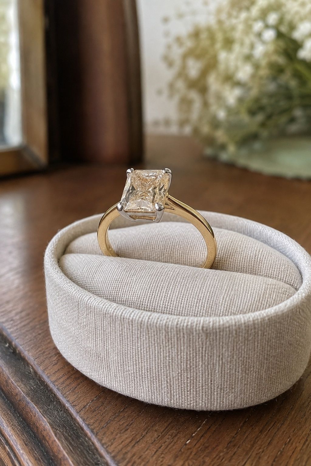 Radiant champagne diamond with fine white prongs on a slim yellow gold band