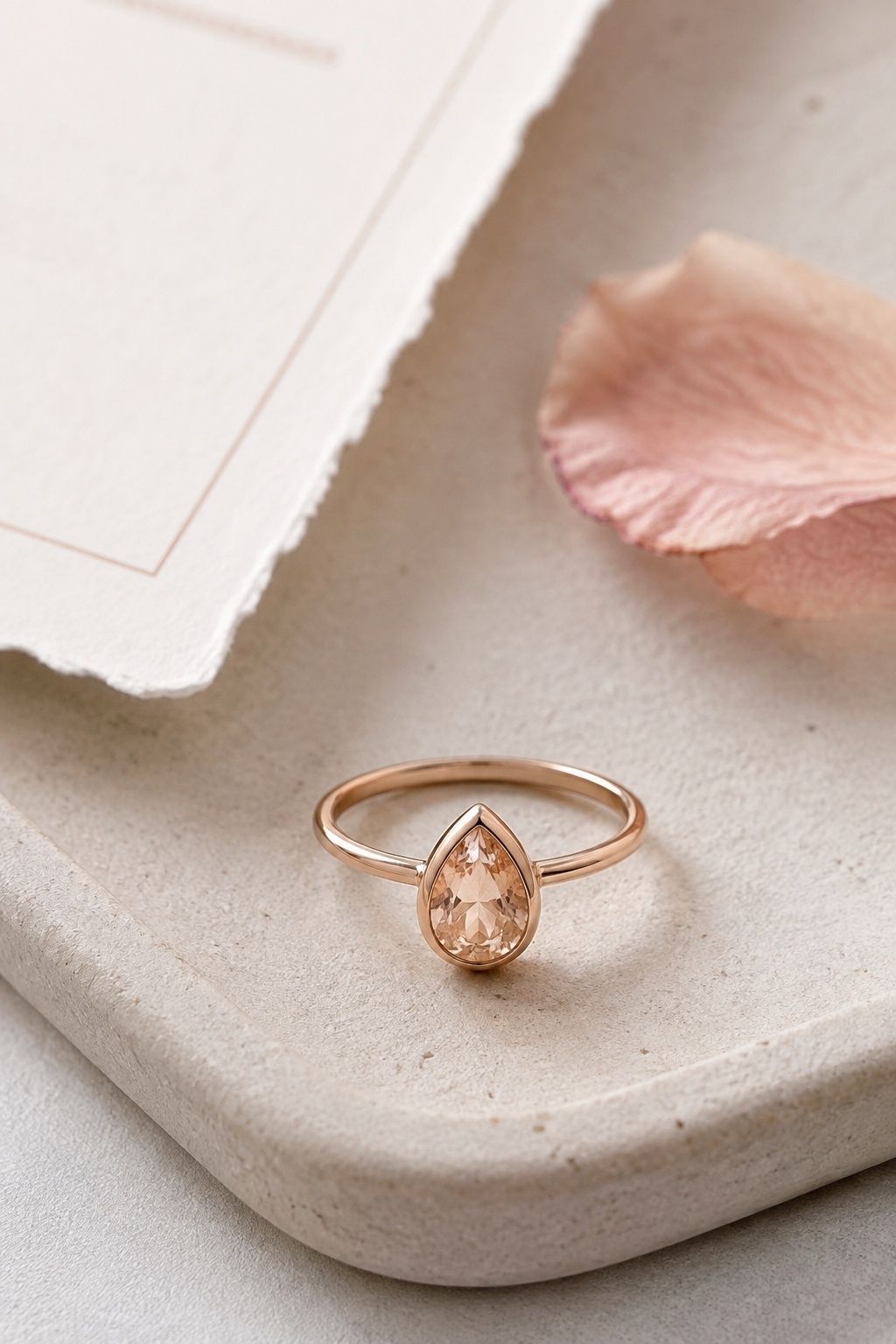 Pear cut peach champagne diamond in a minimal rose gold bezel ring