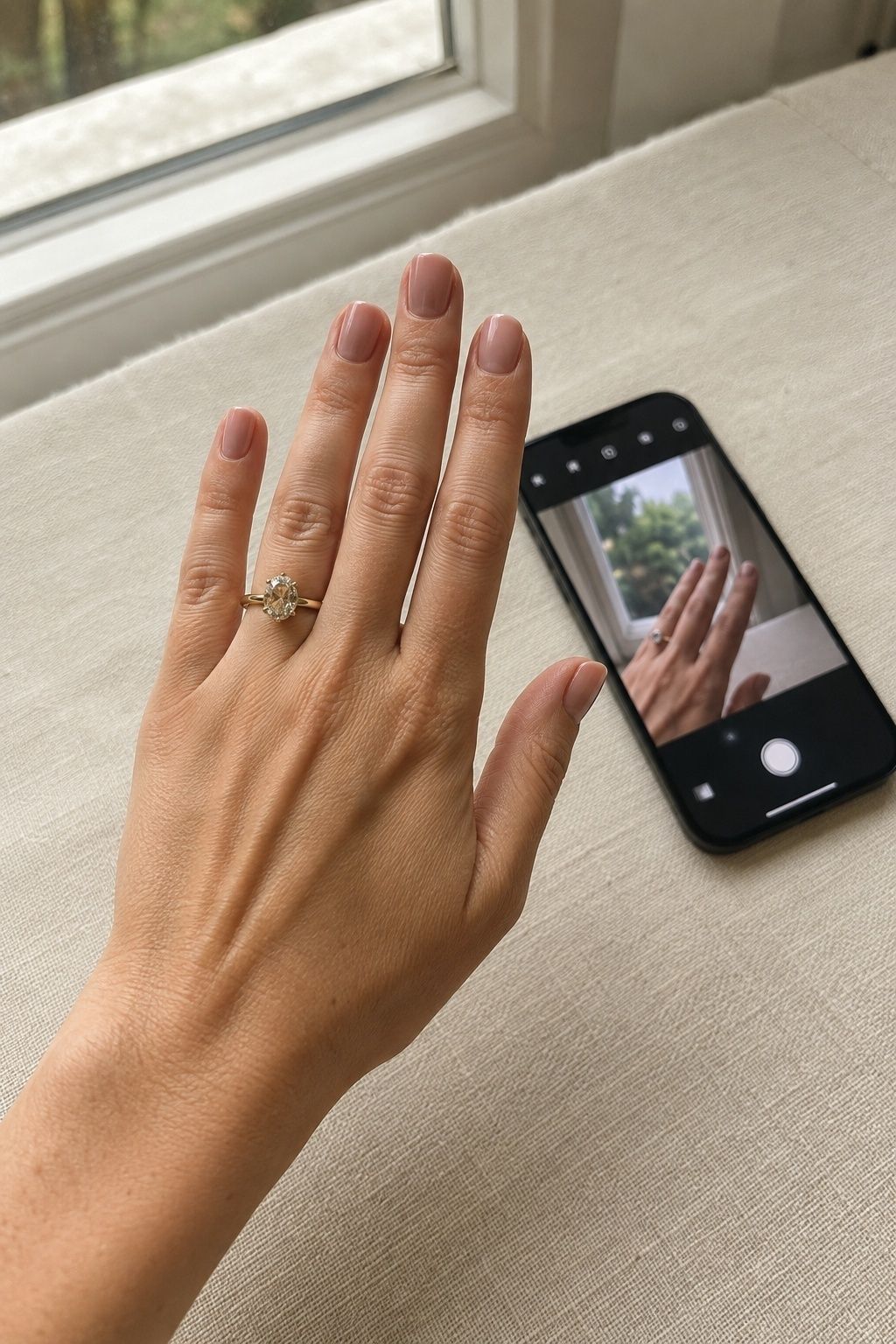 Natural hand checking a champagne diamond ring beside a phone camera preview