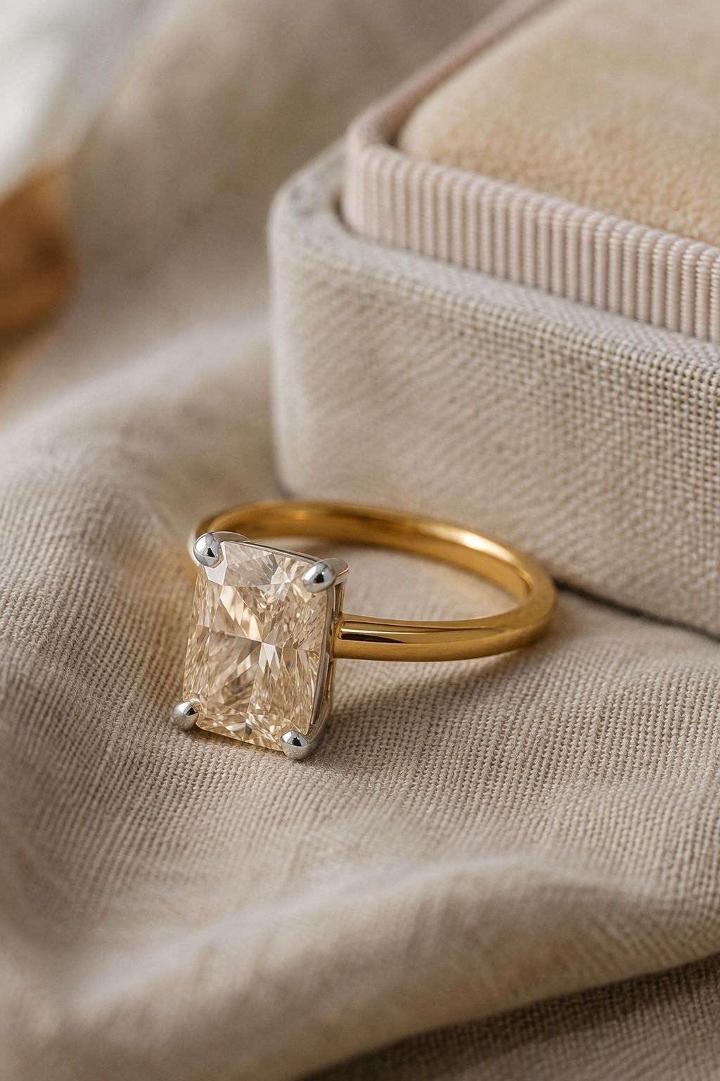 Pale radiant champagne diamond defined by white prongs on yellow gold