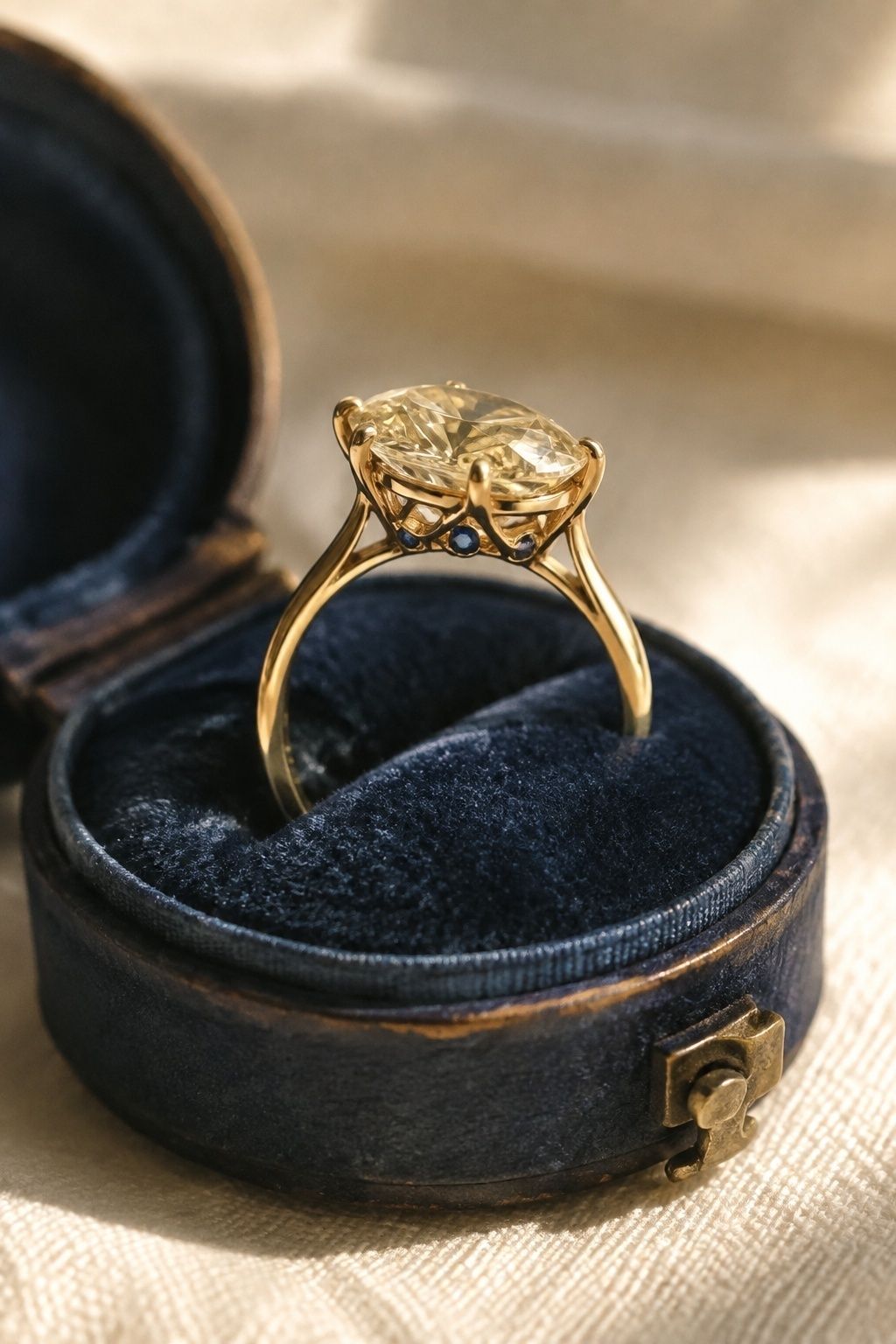 Champagne diamond ring with tiny hidden blue accents under the gallery