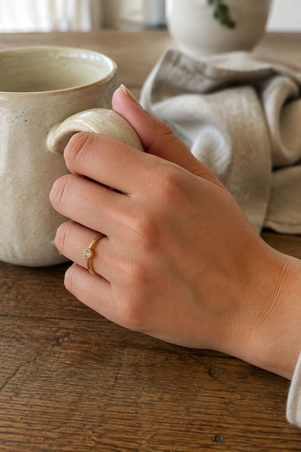 Low bezel set champagne diamond ring worn comfortably while holding a mug
