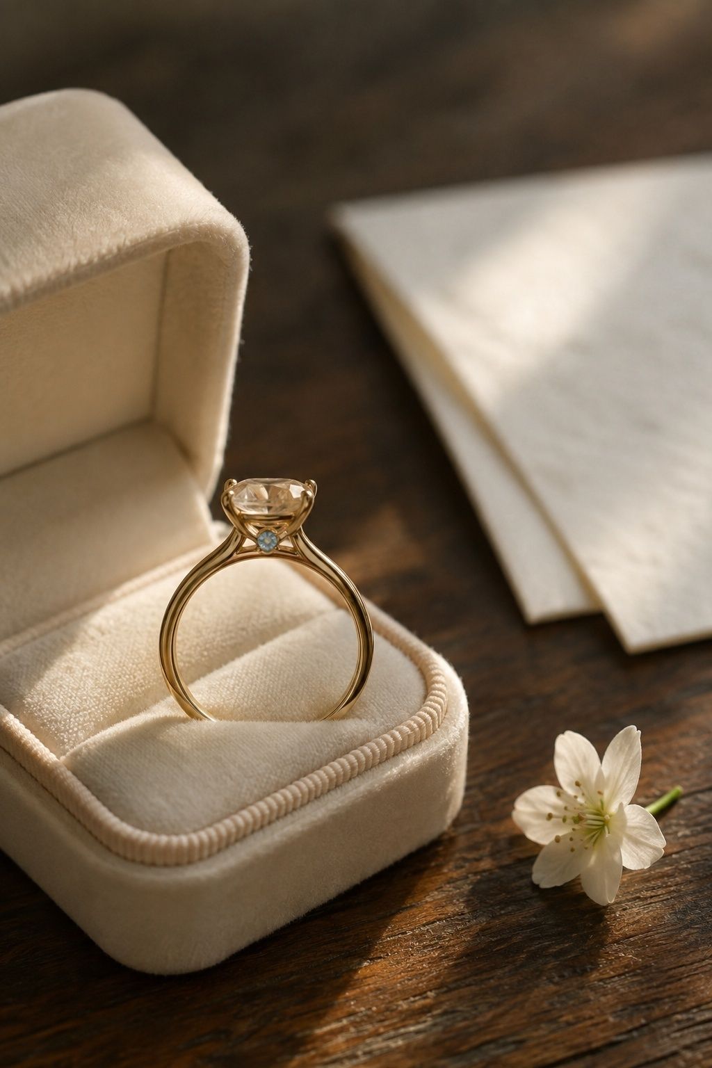 Oval champagne diamond ring with a tiny hidden blue birthstone beneath it