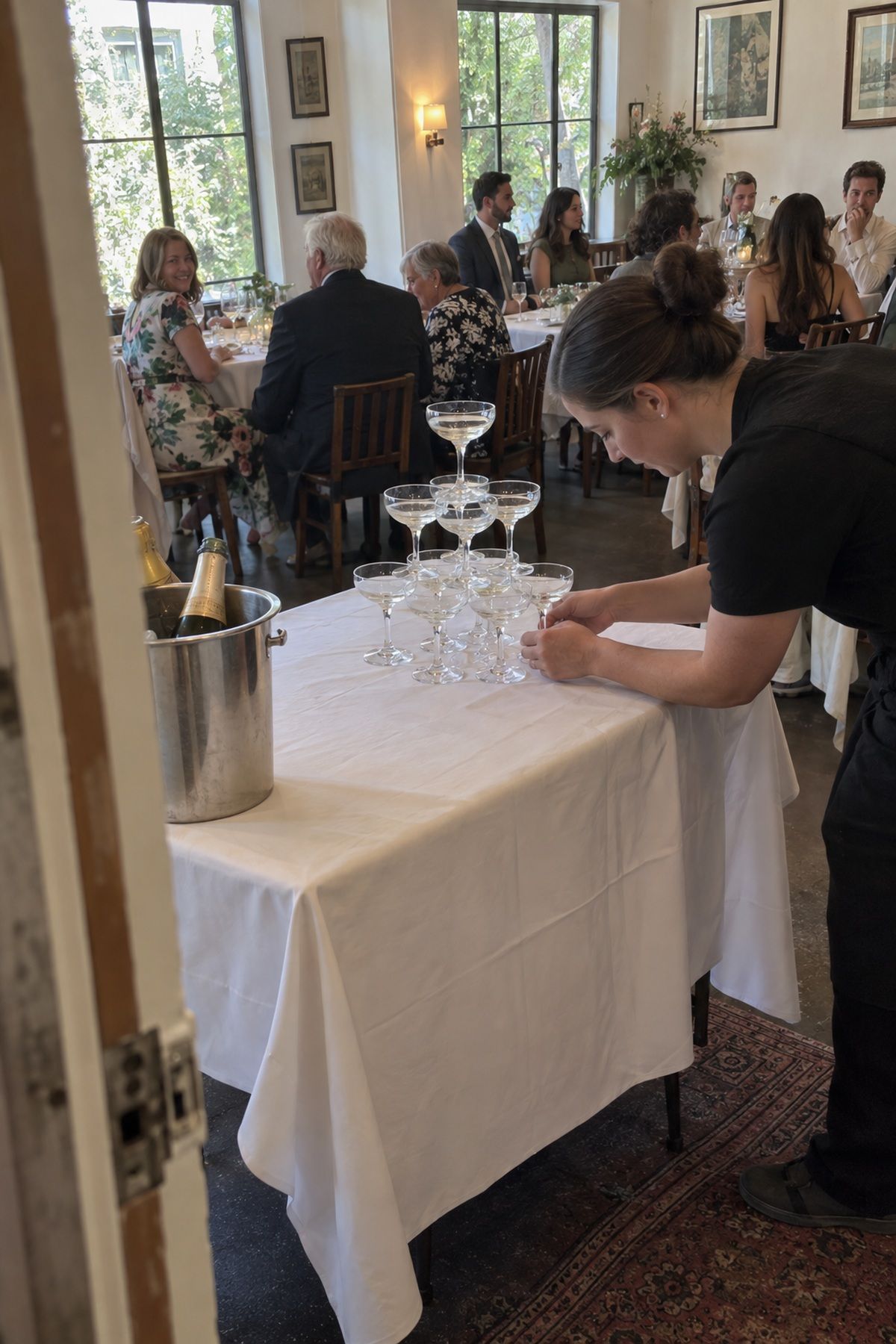 A compact champagne tower suits the scale of a small restaurant wedding.