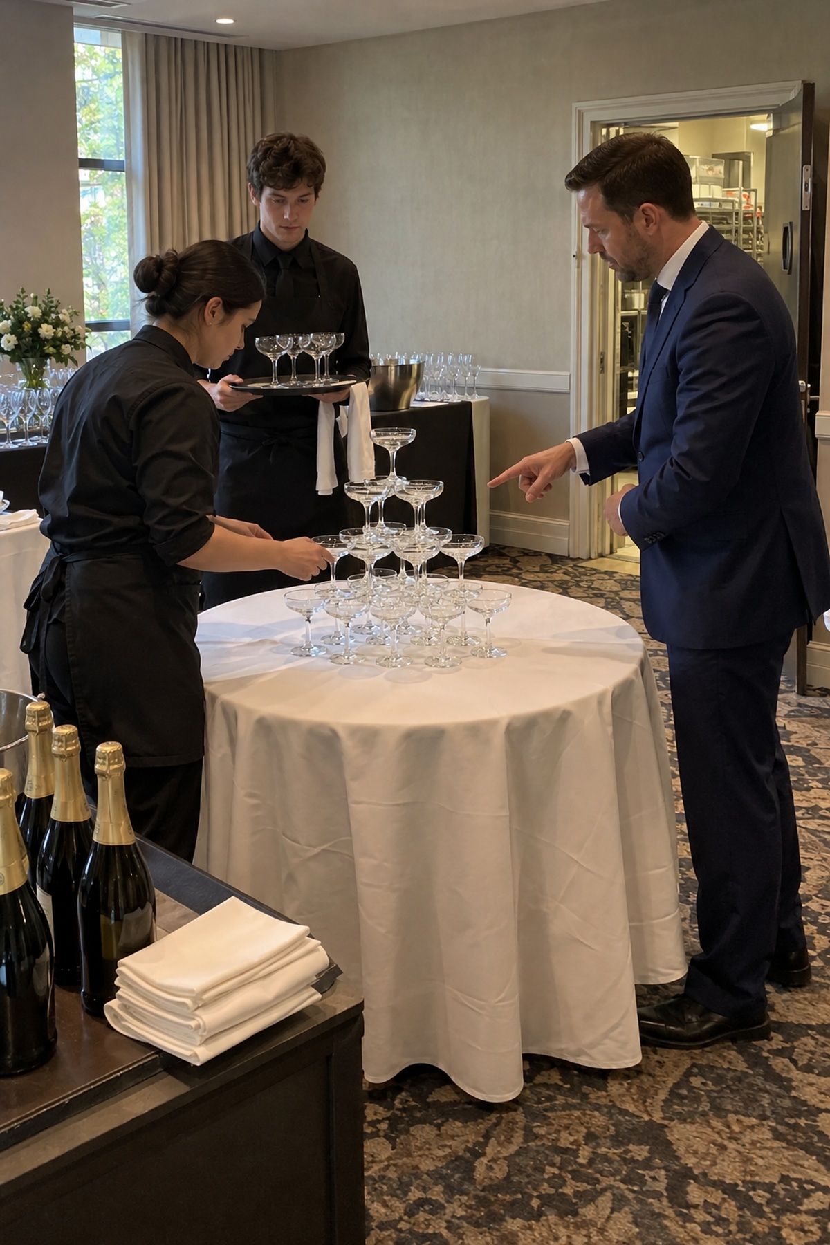 A catering captain supervises staff as they finish building a champagne tower.