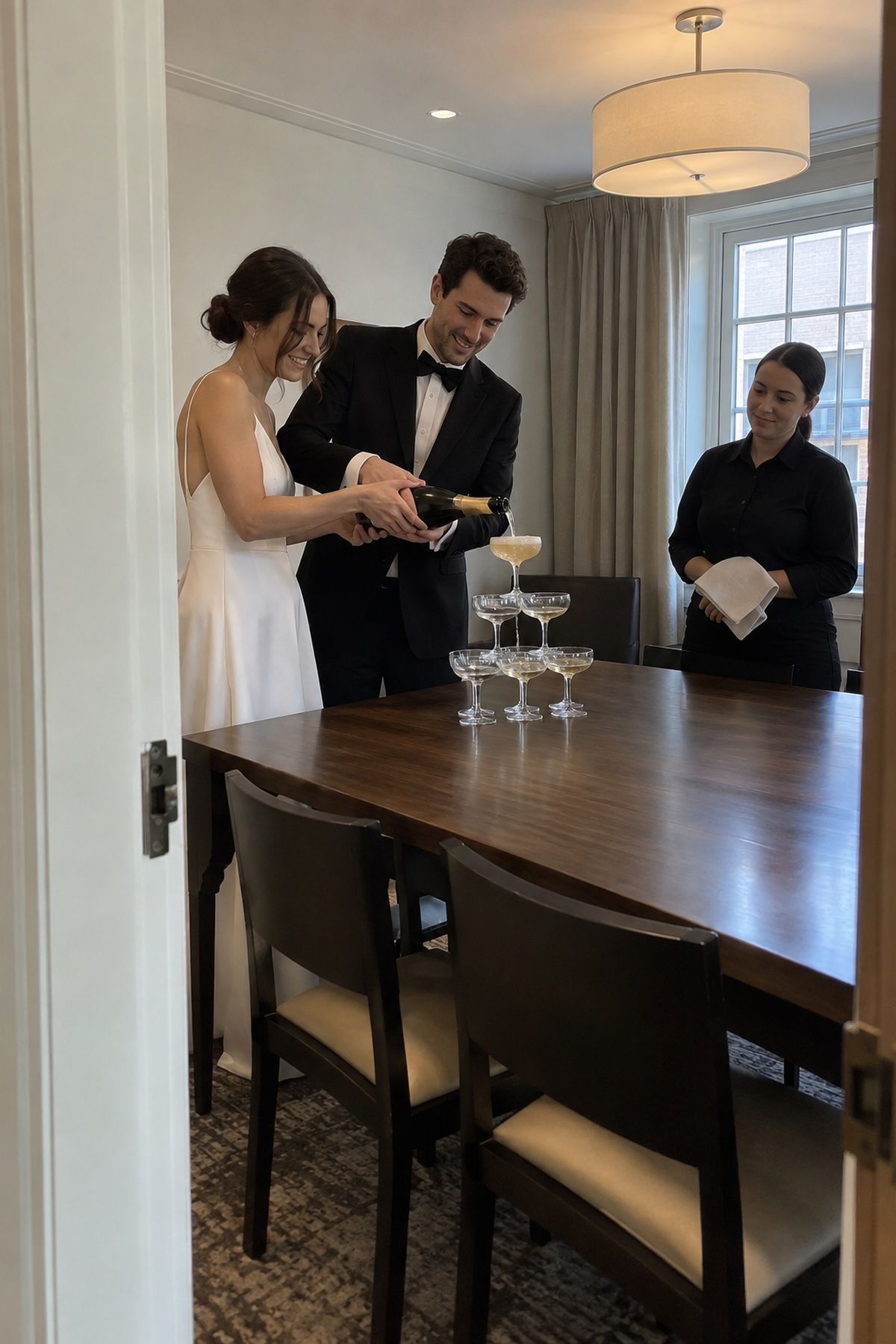 A couple uses a controlled bottle angle for a champagne tower pour.