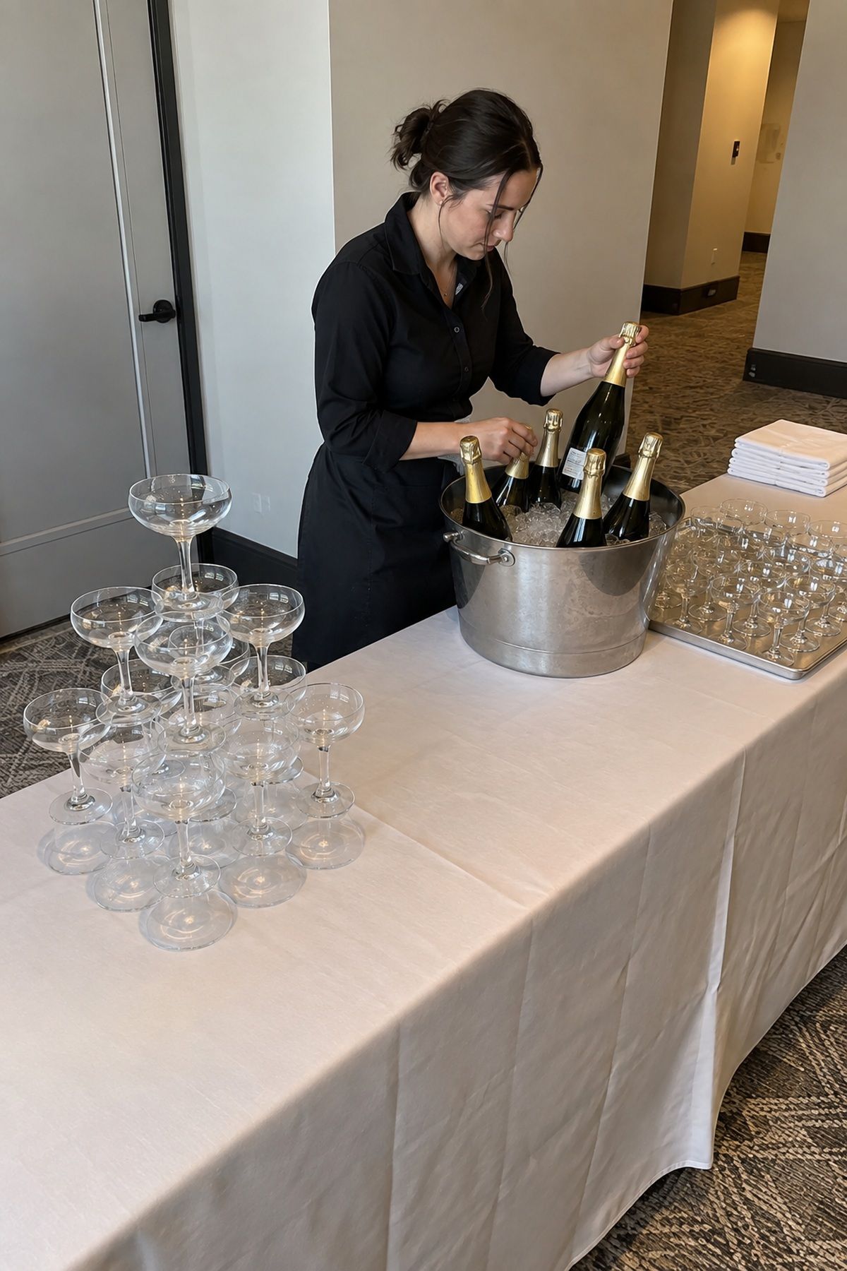 A catering assistant stages the planned number of sparkling wine bottles beside a coupe tower.