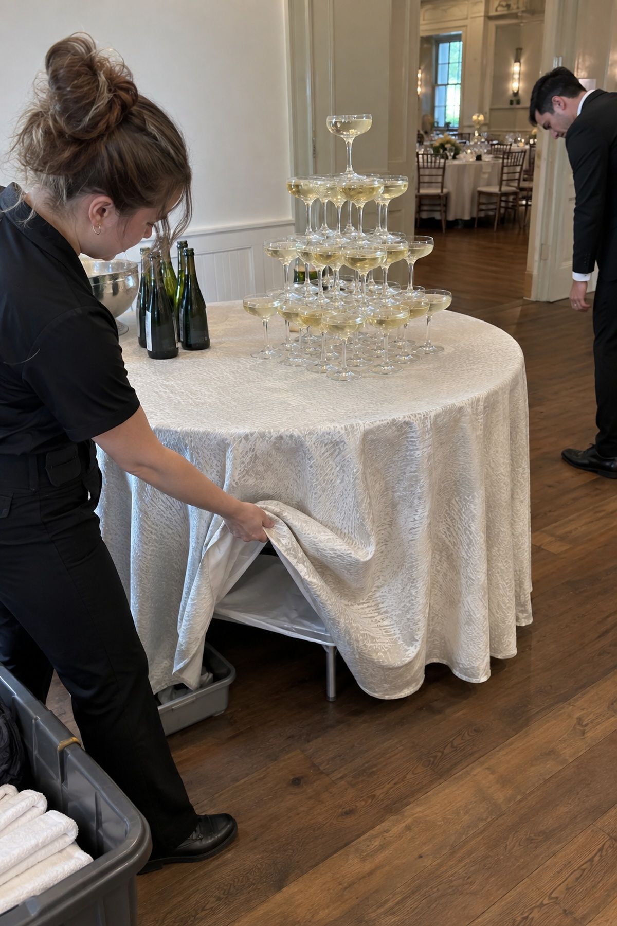 A caterer checks hidden spill protection beneath a champagne tower table linen.