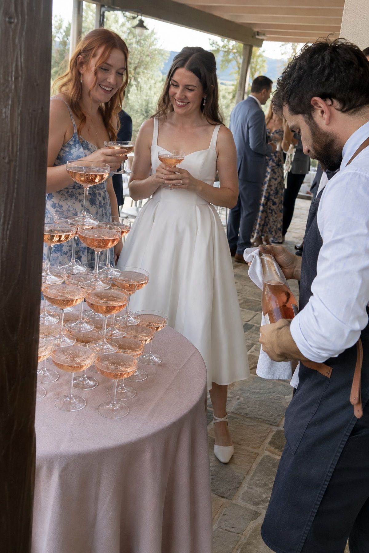 A blush sparkling-wine tower matches a soft seasonal terrace wedding palette.