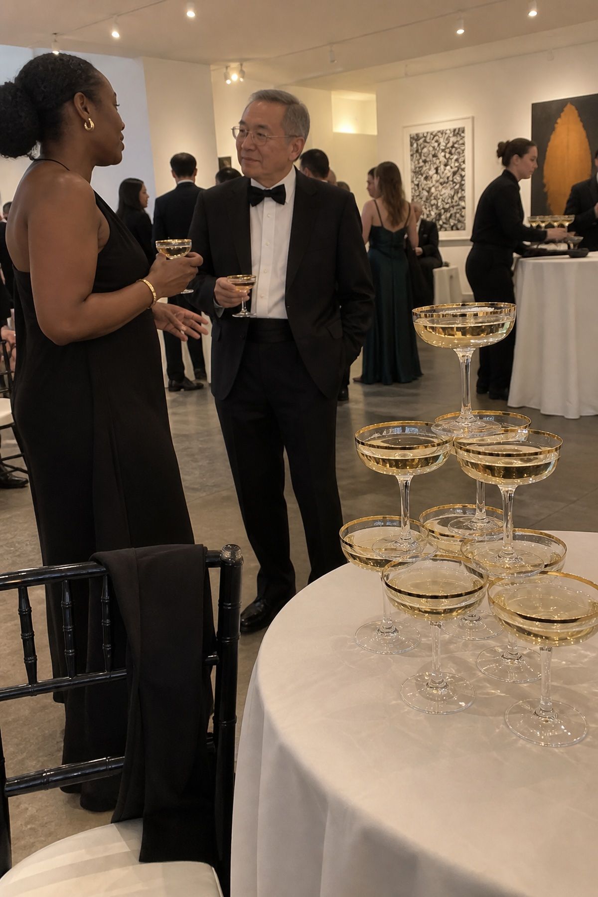Matching gold-rimmed coupe glasses repeat cleanly across a wedding champagne tower.