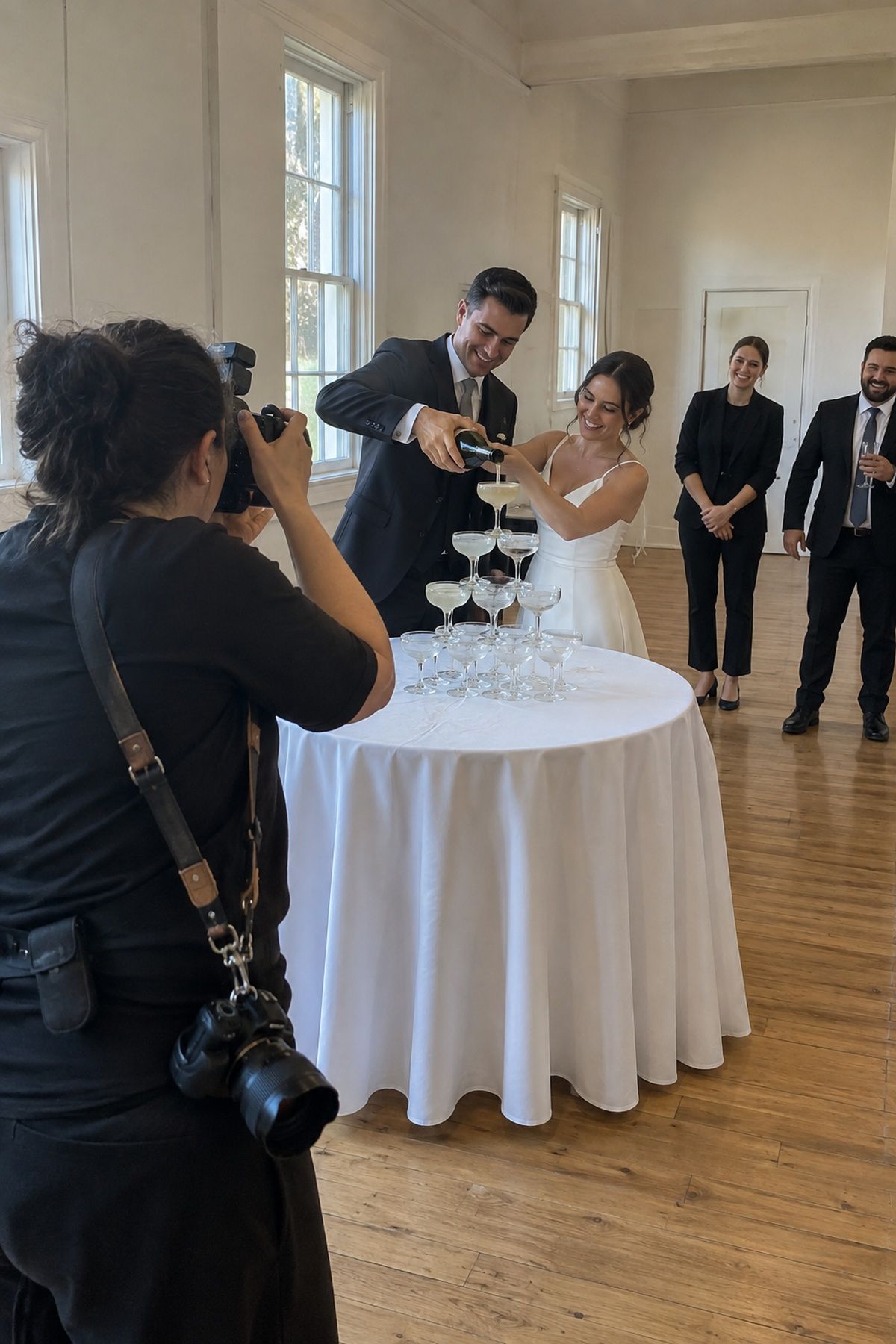 A photographer captures the couple, bottle tilt, and champagne tower during the pour.