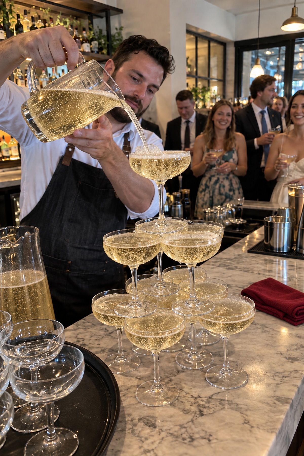 Pale peach drinks and restrained reception details add color around clear coupe glasses.