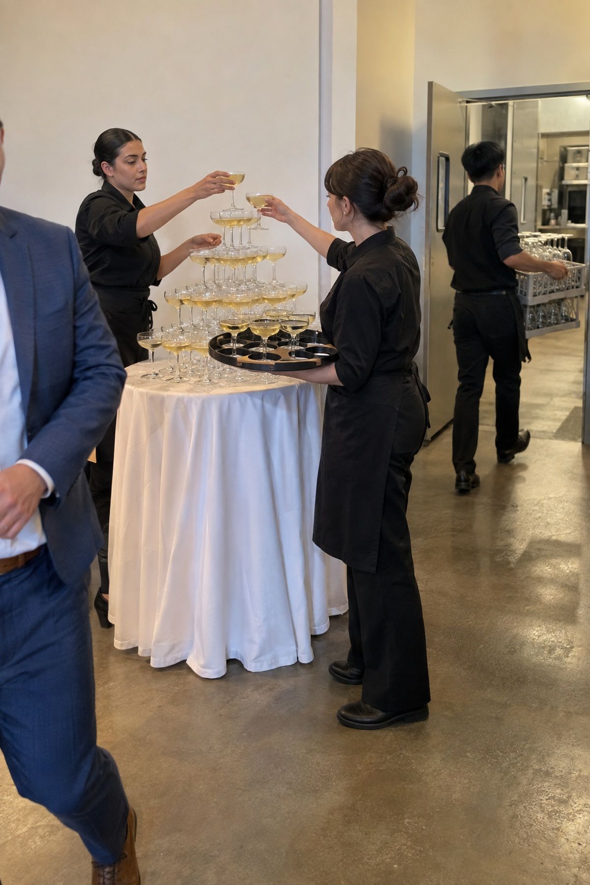 Servers clear coupe glasses from a champagne tower using stable service trays.