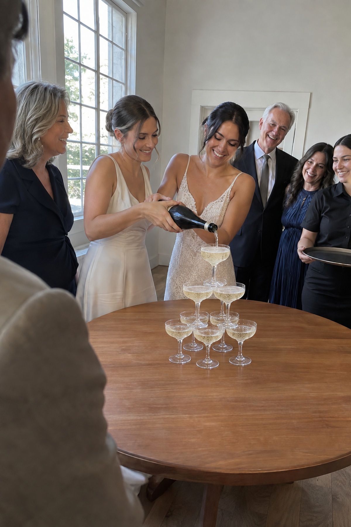 Two brides share a personal champagne tower pour with close friends gathered around.