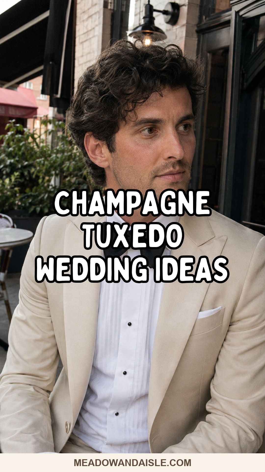 Champagne tuxedo wedding ideas with a white shirt and black bow tie