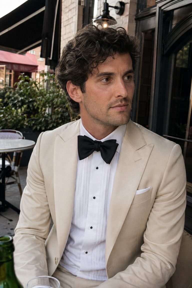 Champagne Tuxedo With White Shirt And Black Bow Tie
