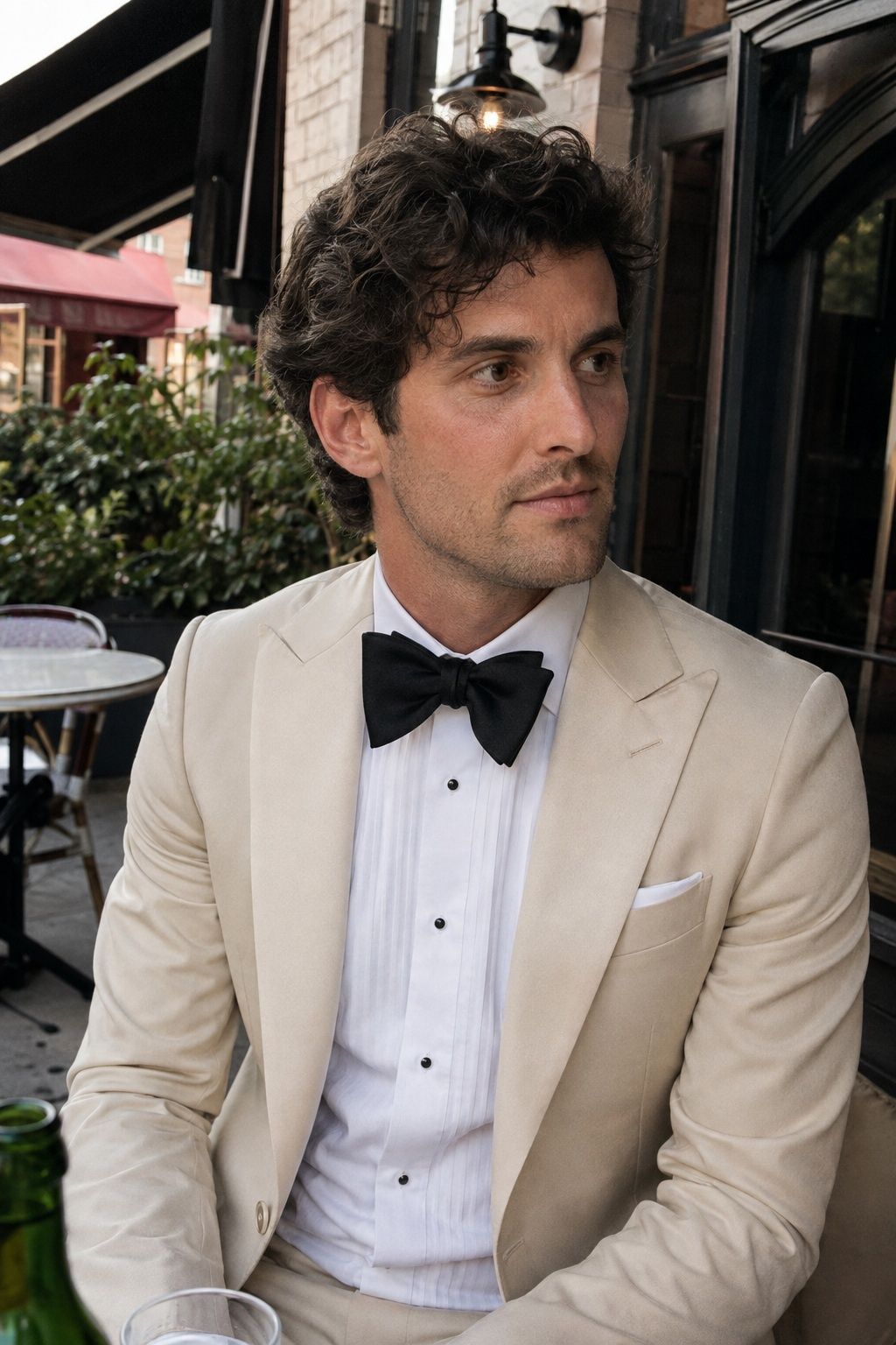 Champagne tuxedo with a white shirt and black bow tie