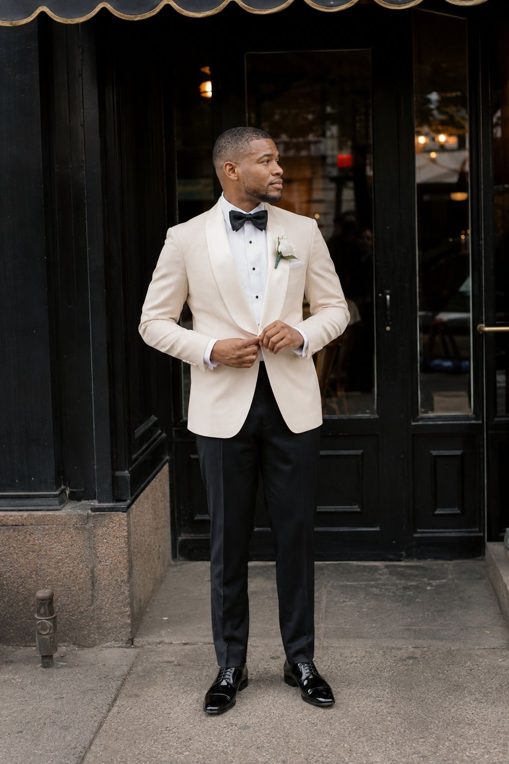 Champagne tuxedo jacket worn with black trousers