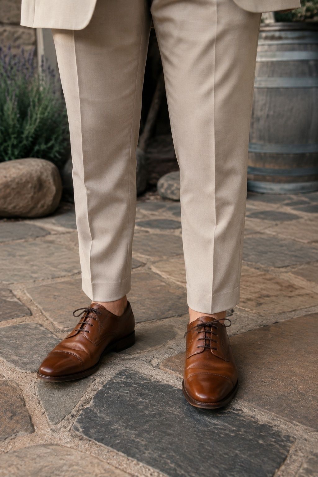 Brown leather shoes worn with a champagne tuxedo
