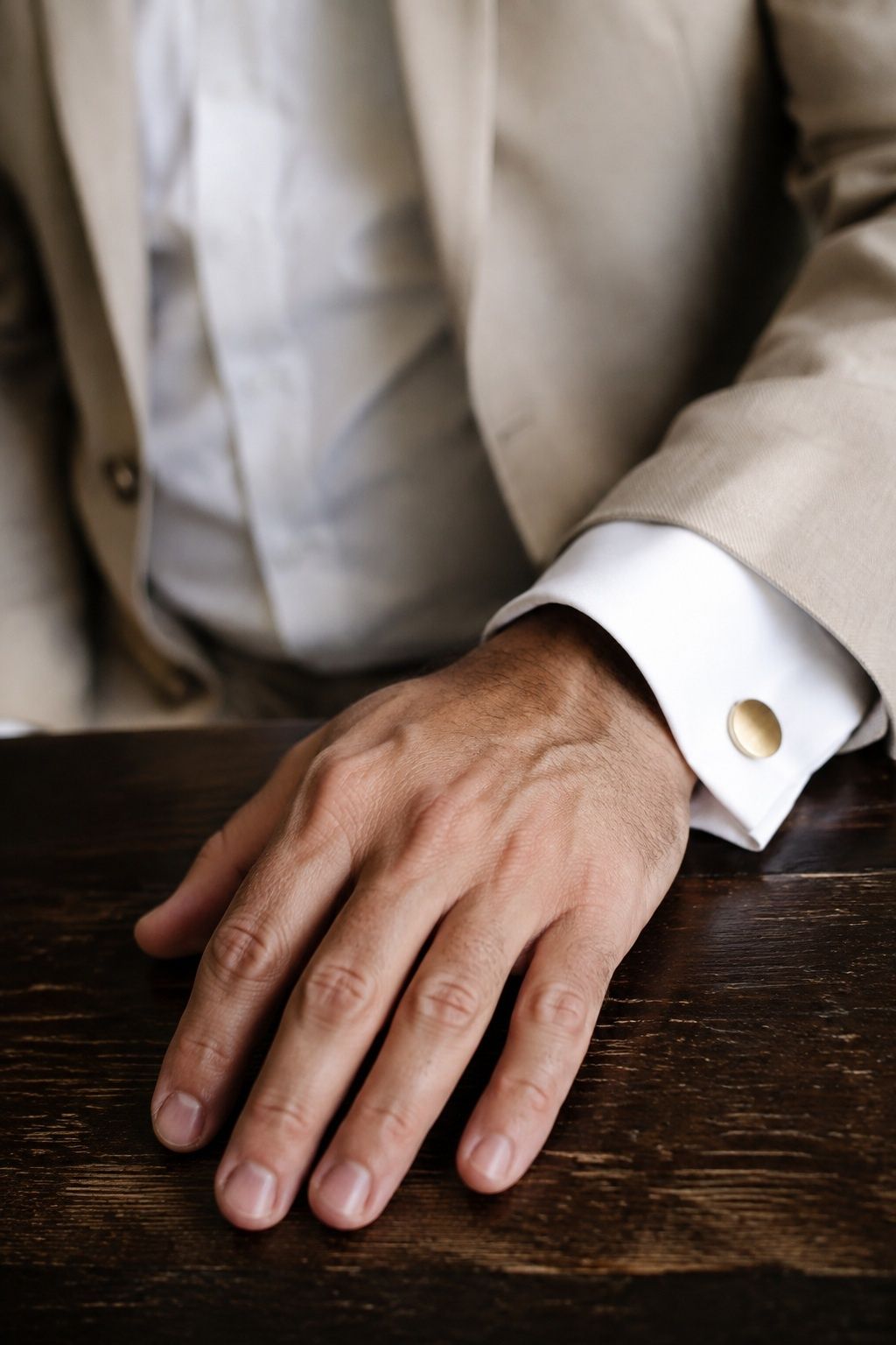 Gold cufflinks on a champagne tuxedo