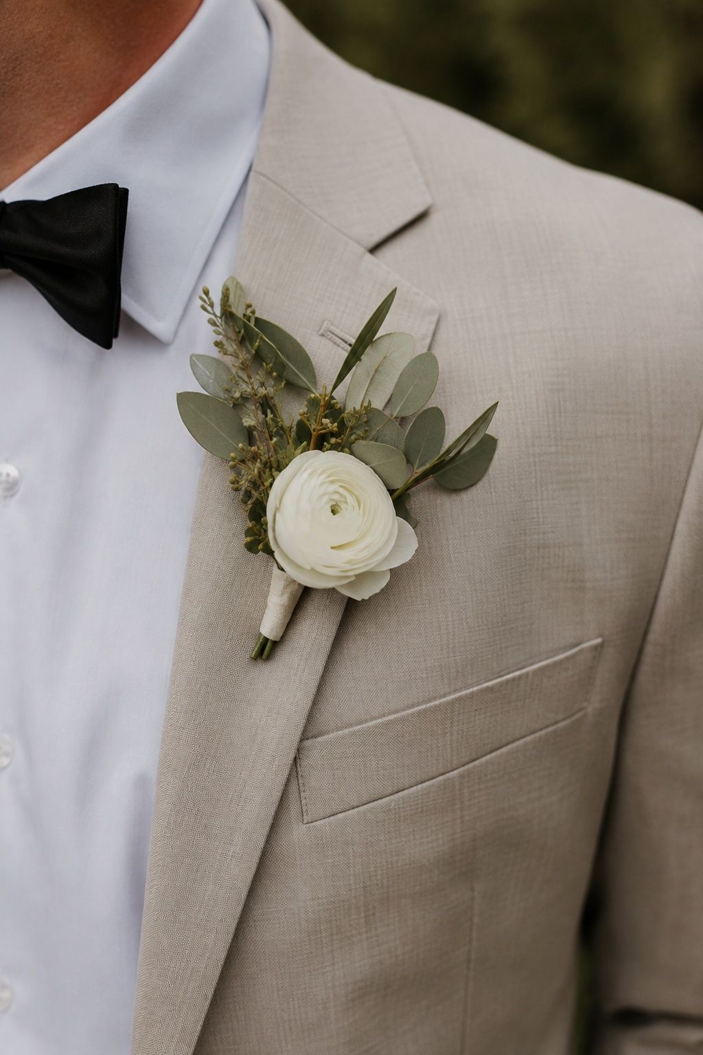 Sage boutonniere on a champagne tuxedo