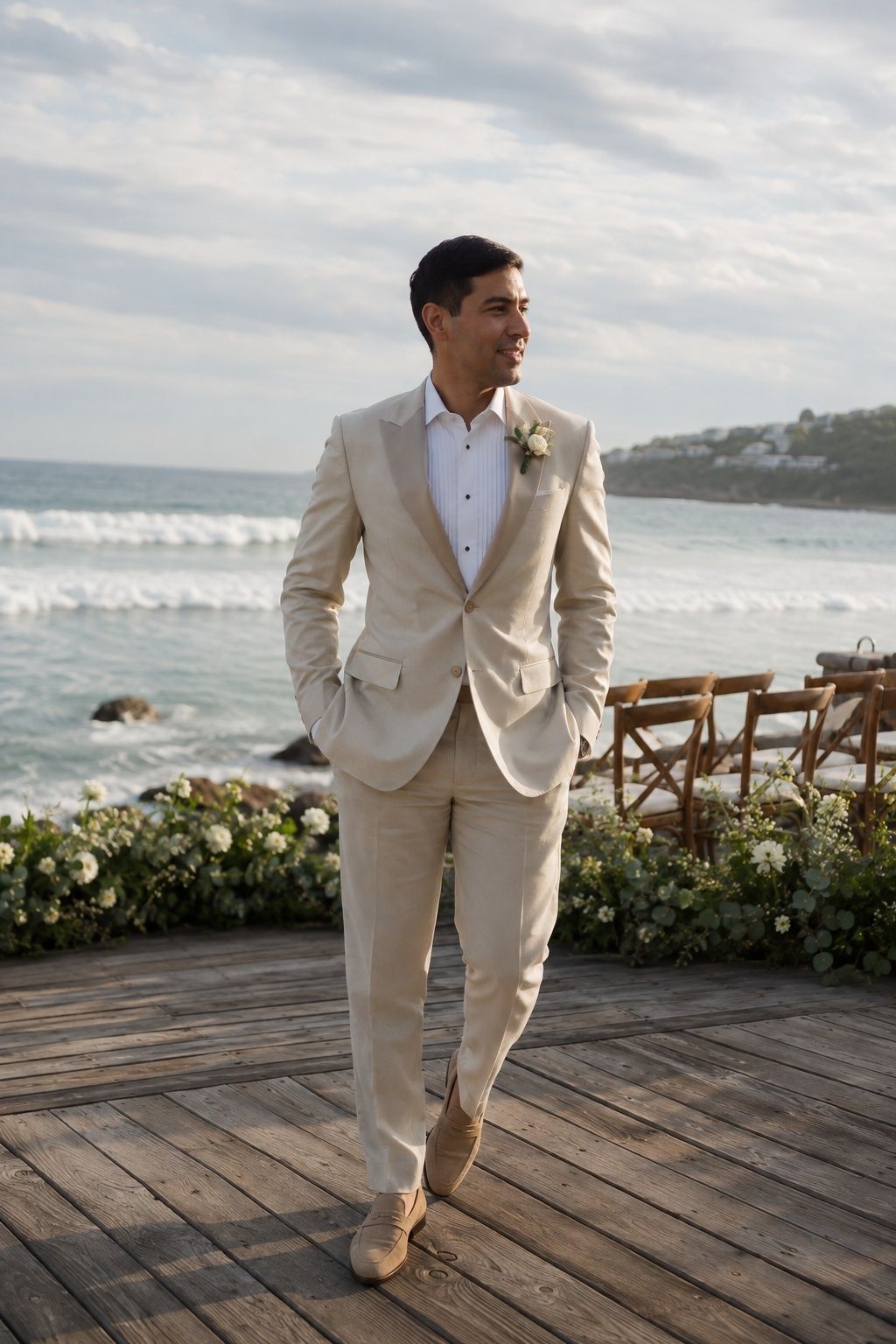 Champagne tuxedo for a beach wedding