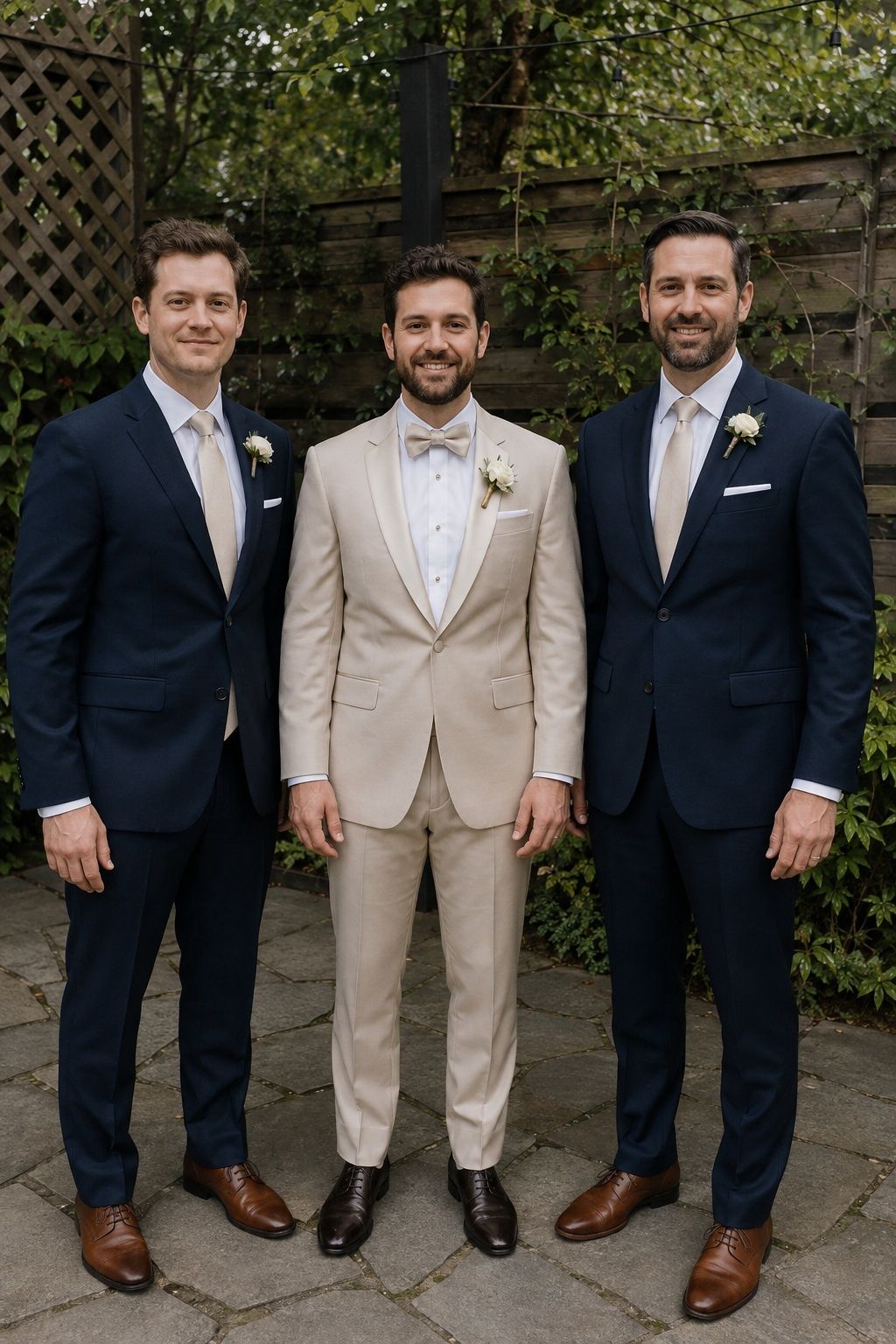 Groom in champagne beside groomsmen in navy suits