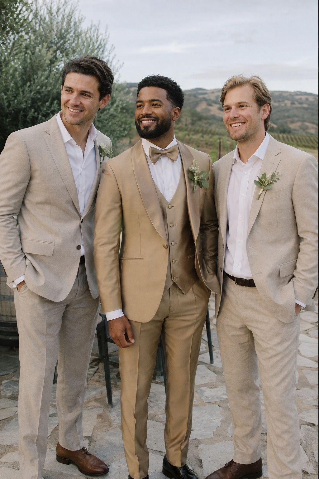 Champagne groom look with groomsmen in tan