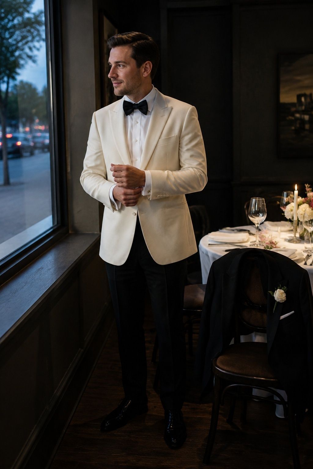 Champagne reception jacket worn as a second look