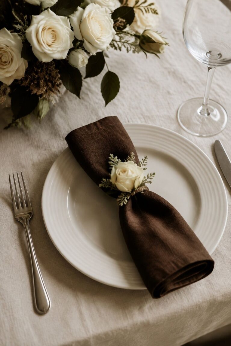 Chocolate brown napkin on an ivory plate with cream wedding flowers