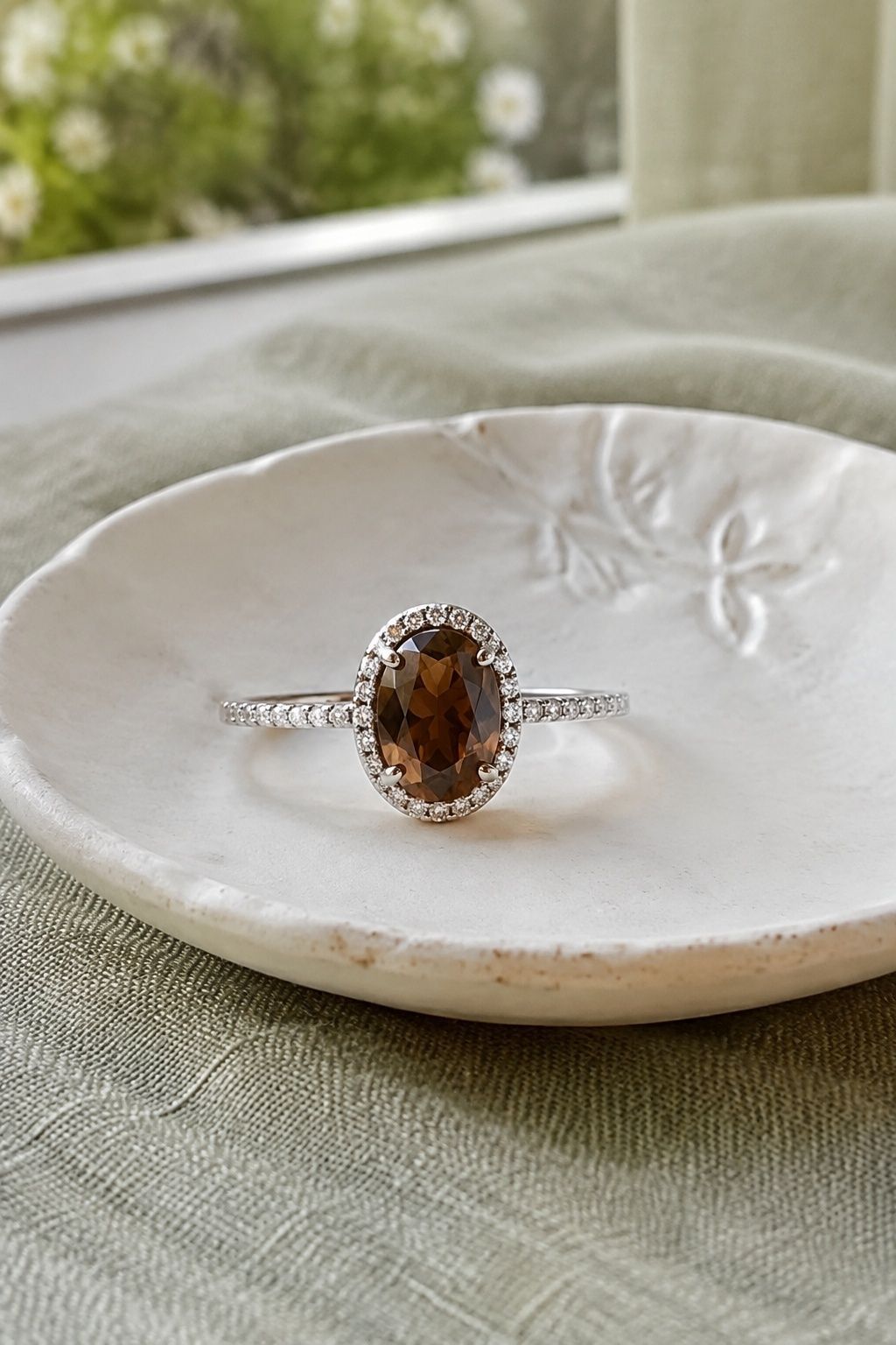Chocolate diamond center brightened by white diamond accents