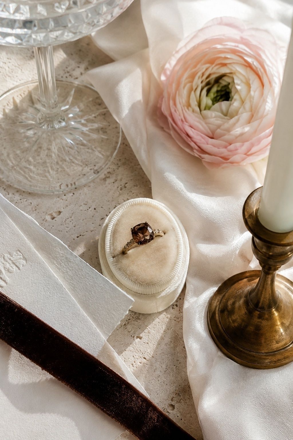 Chocolate diamond ring styled with a light, balanced palette