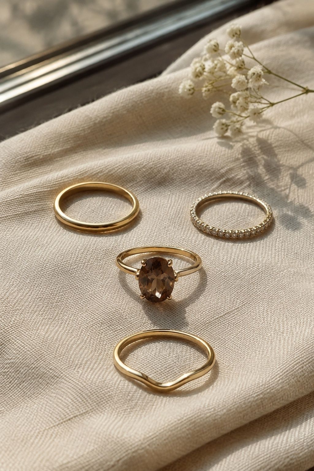 Chocolate diamond engagement ring paired with a wedding band