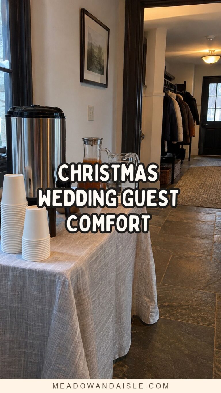 Pinterest pin for Christmas wedding guest comfort ideas over a warm arrival-drinks scene