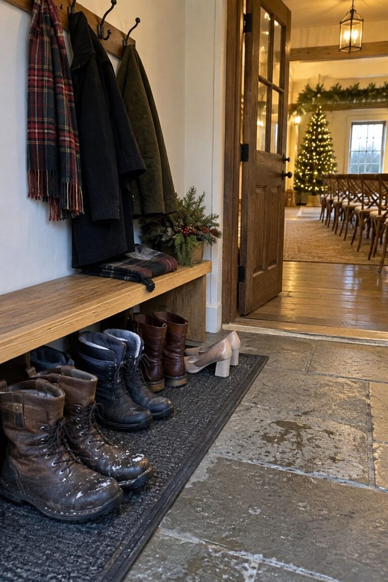 Give clear attire and shoe guidance: A boot-change bench near the indoor ceremony lets guests switch from winter boots to dressy shoes.