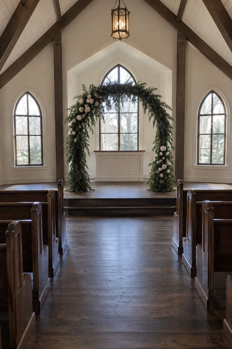 Airy fir and cedar ceremony arch with spare white roses in a small empty chapel at a Christmas wedding