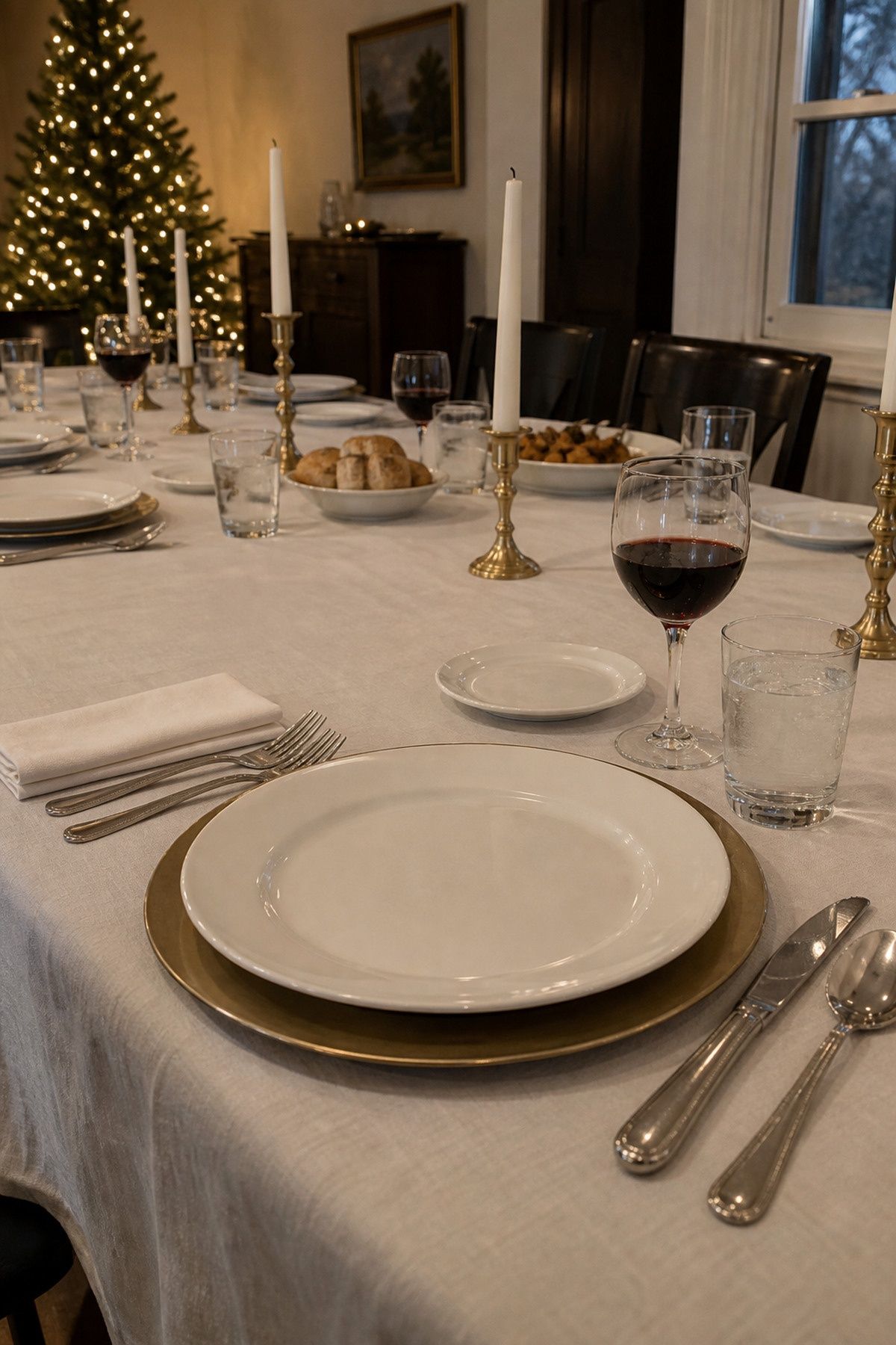 Loose rhythm of low brass holders with unlit ivory tapers and open guest sightlines at an intimate Christmas wedding reception