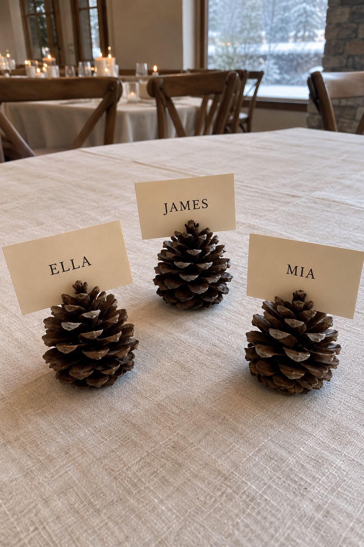 Small clean pine-cone holders and readable cream name cards above chargers at an intimate Christmas wedding reception
