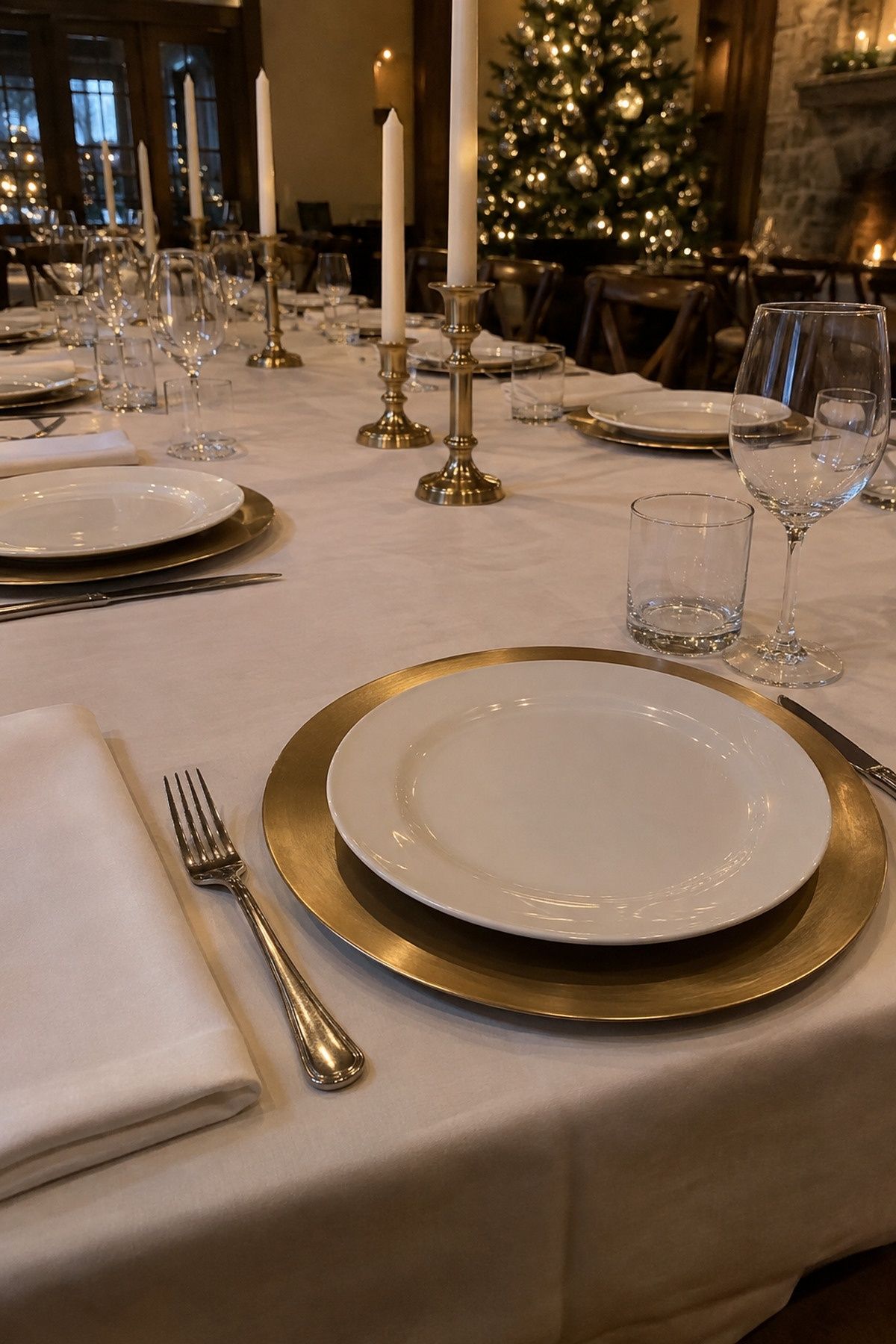 Matte brushed-gold chargers beneath plain ivory plates at an intimate Christmas wedding reception