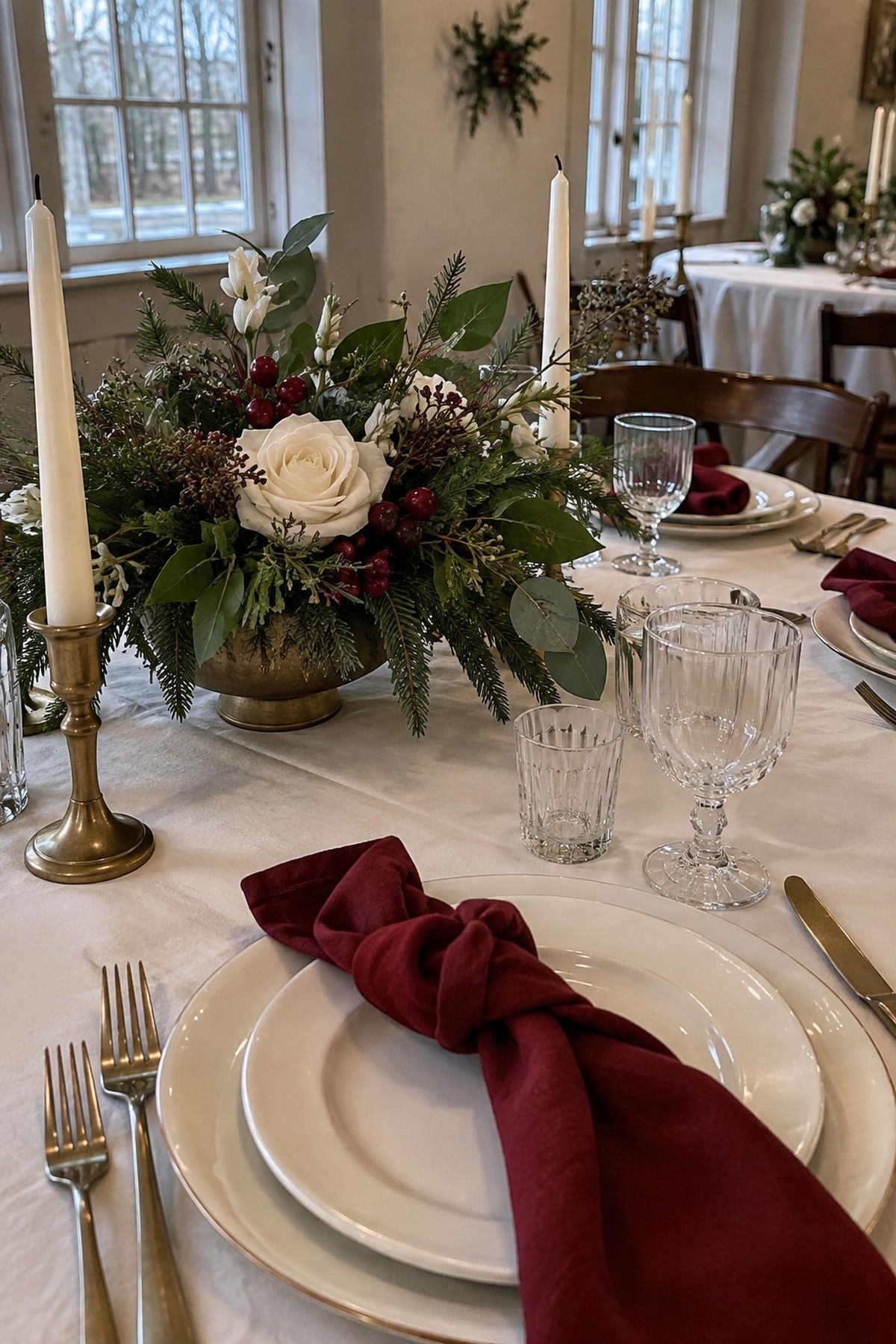 Small cranberry accents within an ivory, evergreen and brass palette at an intimate Christmas wedding reception