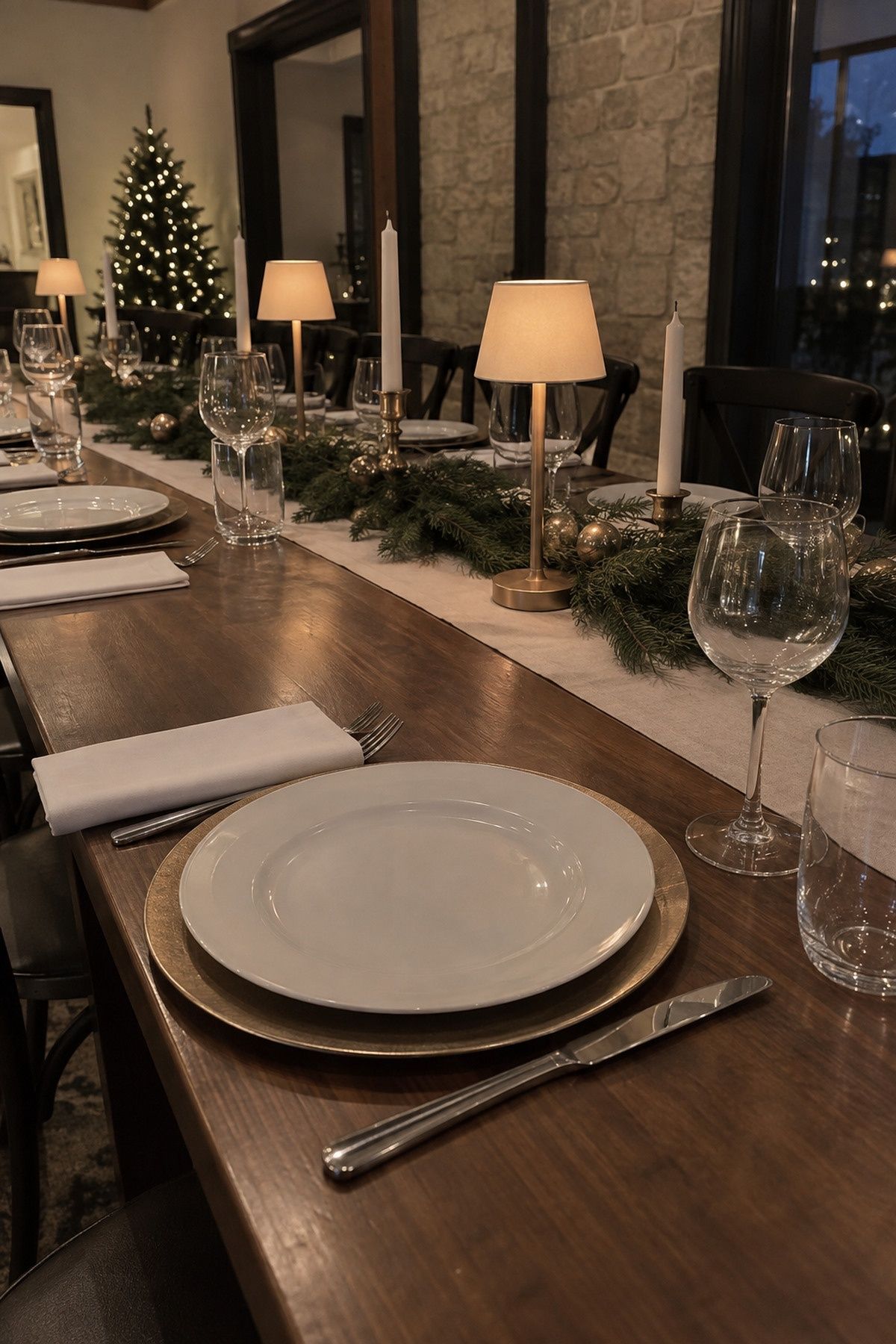 Small warm cordless lamps with narrow bases down a long table at an intimate Christmas wedding reception