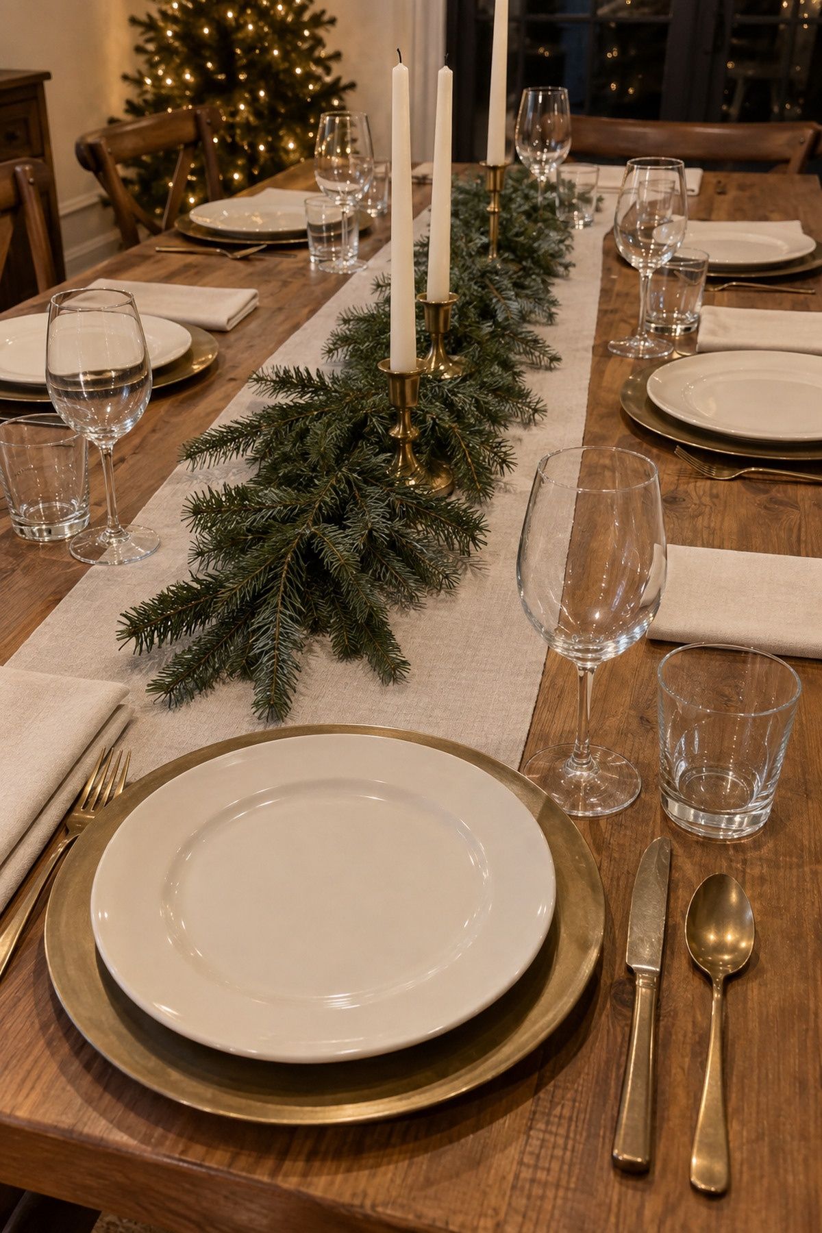 Warm wood tabletop, ivory runner and narrow evergreen centerline at an intimate Christmas wedding reception