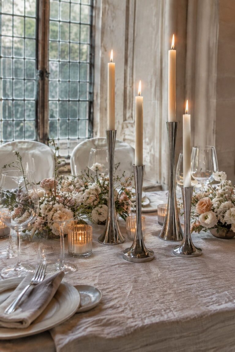 Chrome Candleholders on Soft Linen Tables for chrome wedding ideas